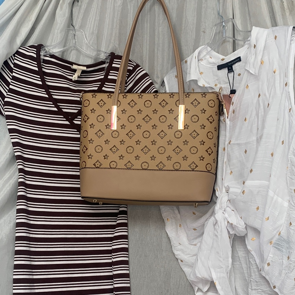 Patterned Tan Tote Bag with Gold Accents